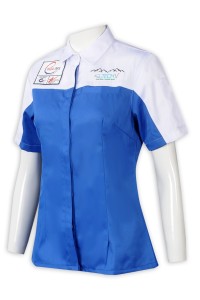 D330 大量訂製女裝短袖工業制服 設計冷氣工程藍白撞色反領刺繡工業制服 工業制服中心 鈕門蓋 